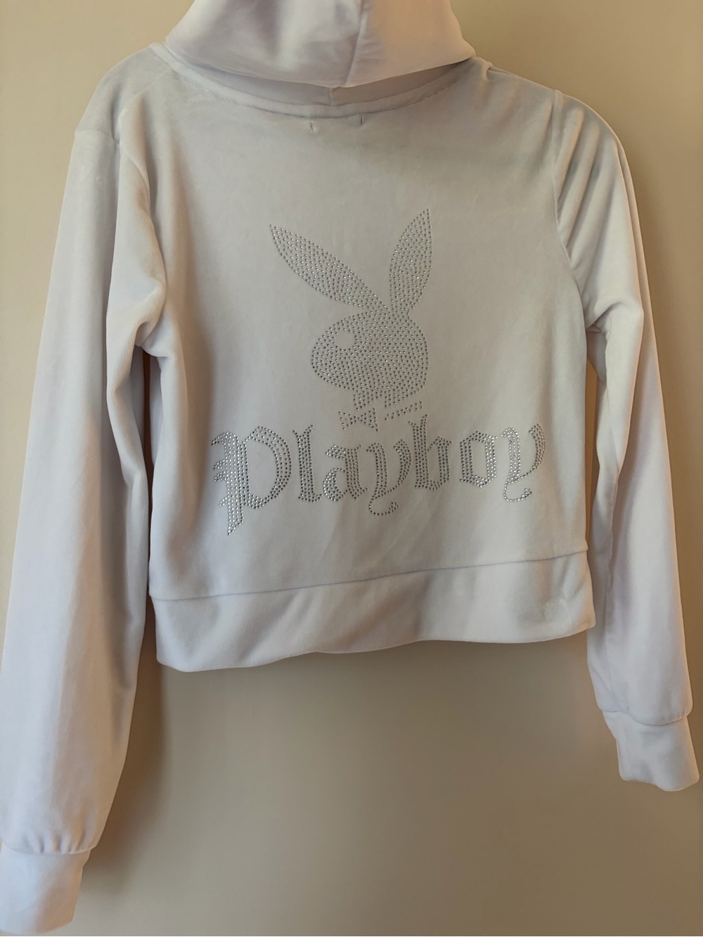 Playboy Velour White Rhinestone Logo Zip Up sweater with Hood